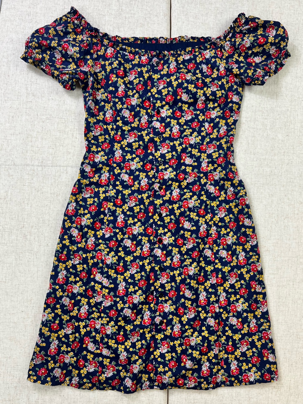 Ralph Lauren Navy Ditsy Floral Off Shoulder Cotton Dress Cottagecore Milkmaid 6